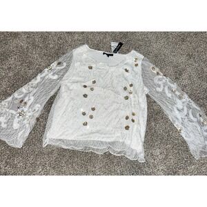 Juliette Winter White‎ Sheer Blouse Gold Toned Sequin Beads Bell Sleeves